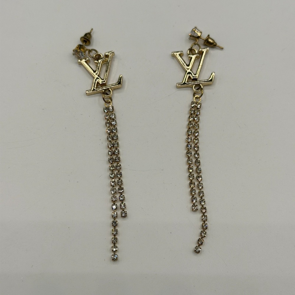 Gold Tone LV Style Rhinestone Tassel Dangle Earrings Y2K Statement Party Glam